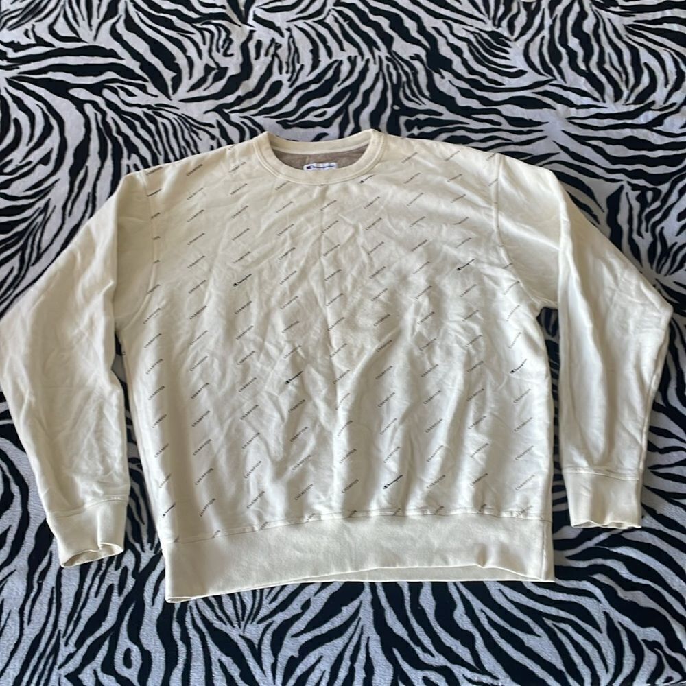 champion mens sweater print all over long sleeve cream beige crew neck pullover